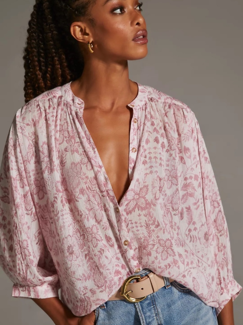 Anthropologie Pilcro Sidney Batwing Blouse Top Neutral Motif Pink Cream XL
